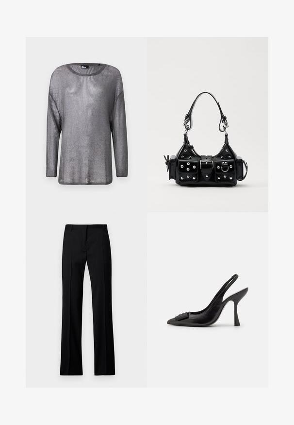 Srebro metalizirana dolga majica z dolgimi rokavi in odprto pletenjem. Ponuja širok ovratnik in sproščen kroj, ki prikazuje lahkoten in zračen dizajn.; Črne hlače ravnega kroja iz gladkega materiala, z ravnim sprednjim delom, z passom za pas in brez vidnih žepov ali okrasnih elementov.; Črne usnjene slingback čevlje s koničastim prstom, ozko visoko peto in dekorativnim naglavnim poudarkom. Gladka tekstura in eleganten dizajn.; Črna usnjena torbica s ukrivljenim dizajnom, ki vsebuje srebrne žebljičke, zaponko in dve stranski žepki. Nastavljiv trak za različne možnosti nošenja.