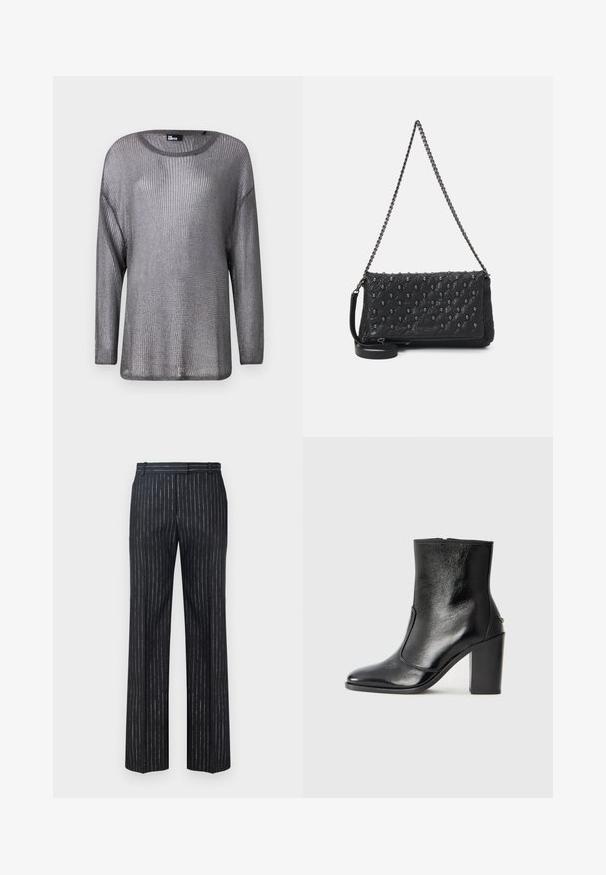 Hopeapintainen metallinhohtoinen pitkähihaisessa neuleessa on avoin kudosrakenteisuus. Siinä on leveä pääntie ja rento istuvuus, mikä tekee siitä kevyen ja ilmavan.; Tumman raidalliset housut, joissa on leveä lahjetyyli, valmistettu tekstuurilla varustetusta kankaasta, jossa on pystysuuntaiset hopeiset pinstripes-raidat. Litteä etuosa ja vyölenkit.; Mustat nahka ankle bootit, joissa on sileä pinta, terävä kärki ja paksu korkea korko. Sivusaumassa on avaus ja muuten yksinkertainen muotoilu.; Mustekka nahkainen laukku, jossa on ketjuolkaimet, pääkallon yksityiskohdat ja vetoketjukiinnitys. Rakenne on teksturoitu ja siinä on kiiltävä pinta.