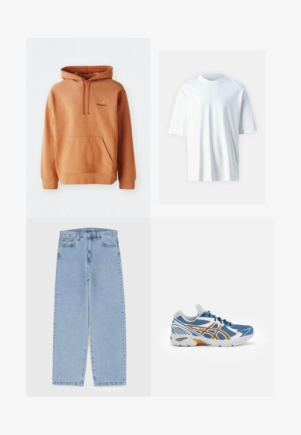 Oranžs džemperis izgatavots no kokvilnas maisījuma, ar priekšējo kabatu, regulējamu kapuci ar auklu un izšūtu logo uz krūtīm.; Balts īsām piedurknēm T-krekls, kas izgatavots no mīkstas kokvilnas. Tam ir apaļa kakla izgriezums, brīva piegriezuma forma un gluda tekstūra. Nav redzamu rakstu vai akcentu.; Gai zila džinsu bikses ar taisnu kāju dizainu, kas piedāvā vidēju vidukļa augstumu, piecas kabatas un pogas un rāvējslēdzēja aizdari.; Zila sporta apava ar acs audumu augšdaļu, baltiem un oranžiem akcentiem, ar mīkstinātu vidusdaļu un teksturētu gumijas zoli. Iespējama saslēdzama dizaina.