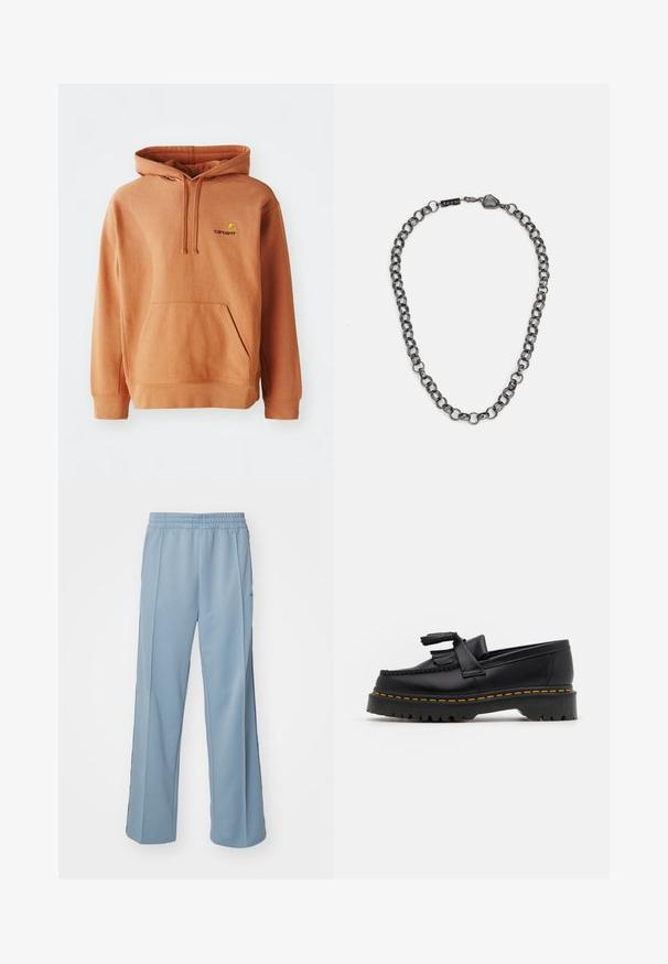 Orange hoodie made of cotton blend with a front pocket, adjustable drawstring hood, and embroidered logo on the chest.; Carhartt WIP BOLAN PANT - Tracksuit bottoms - dusty ice/positano; Black leather loafer with a tasseled accent, featuring a chunky black sole and yellow stitching along the edge. Textured finish.; Metal chain necklace with elongated links in a dark gunmetal color. Features a geometric accent and clasp with branding detail.