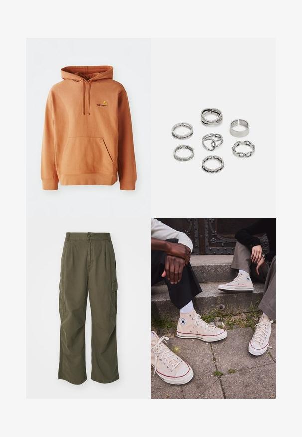Oranžna kapuca iz mešanice bombaža s sprednjim žepom, nastavljivim kapuco z vrvico in vezenim logotipom na prsih.; Kargo hlače v olivno zeleni barvi, izdelane iz bombaža, s širokim krojem, nabranimi detajli in stranskimi žepi za praktičnost.; Bež platnene visoke teniske z rdečo črto, belim gumijastim podplatom in kovinskimi očesi, z ikoničnim zvezdastim logotipom na strani.; Set sedmih srebrnih prstanov z različnimi oblikami, vključno s prepletenimi, povezanimi in graviranimi motivi. Različne oblike in širine.