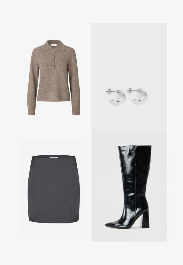 Pull en laine beige avec un col, patte de boutonnage à quatre boutons et manches longues. Texture lisse avec une silhouette légèrement ajustée.; Envii SPLIT - Jupe crayon - grey; Bottes noires montantes en cuir brillant, avec une pointe effilée et un talon géométrique épais au toucher lisse.; Boucles d'oreilles en argent en forme de hoops avec une finition lisse et polie. Forme ronde avec un design légèrement courbé et des bords fondus. Fermeture à pin.