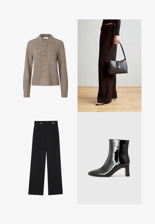 Beez villane pullover kaelusega, nelja nupuga läbilõige ja pikad varrukad. Sujuv tekstuur ja veidi istuv siluett.; Mustad laiad püksid kõrge vöökoha ja nööpdetailidega vööandil, esikortsudega.; Must-sinine nahkjalats musta läikiva viimistlusega, millel on terav nina ja keskmise kõrgusega plokk konts. Sile tekstuur ja minimalistik disain.; Must musta kott, millel on struktureeritud kuju, sile tekstuur ja metallist klamber. Kombineeritud laiate mustade pükstega ja avatud varvaste sandaalidega puidust põrandal.
