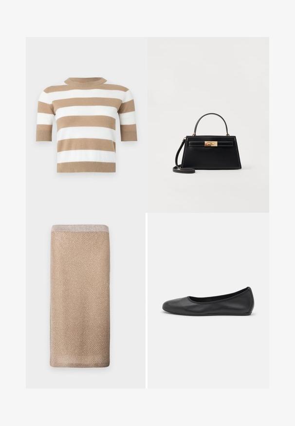 Sweater de manga curta em malha suave, com riscas horizontais alternadas em bege e branco. Decote redondo e bainha canelada.; Cachecol de malha bege com um ligeiro brilho, acabamento texturizado e uma borda de cor mais clara na parte superior. Forma retangular.; Bailarina preta em pele com bico arredondado, textura suave, detalhe de costura minimalista e design de sola flexível.; Bolsa de mão em couro preto com forma trapezoidal estruturada, fecho em metal dourado e costura branca contrastante. Inclui uma alça curta e uma alça longa.