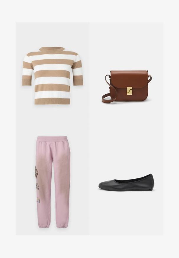 Krátký rukáv svetr z jemného úpletu, se střídavými vodorovnými pruhy v béžové a bílé barvě. Kolem krku je kulatý výstřih a ribbovaný lem.; Růžové tepláky s elastickým pasem, které mají dekorativní nášivky ve tvaru diamantů na levé straně a elastické manžety u kotníků.; Černé kožené baletní byty s kulatou špičkou, hladkou texturou, minimálními švy a flexibilním designem podrážky.; Hnědá kožená kabelka s klopou, zlatými kovovými detaily, ramenním popruhem a hladkým povrchem. Kompaktní obdélníkový tvar.