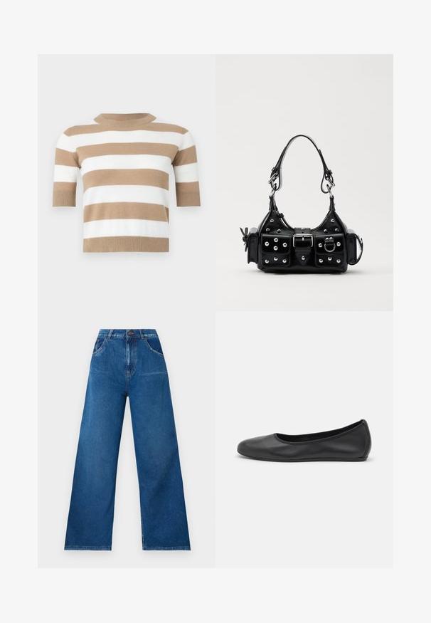 Kurzarm-Pullover aus weichem Strick mit abwechselnden horizontalen Streifen in Beige und Weiß. Runder Halsausschnitt und gerippter Saum.; Weite Jeans in dunkelblauem Denim mit hoher Taille, ausgestattet mit Front- und Gesäßtaschen sowie Kontrastnähten.; Schwarze Leder-Ballettschuhe mit abgerundeter Spitze, glatter Textur, minimalen Nähdetails und einem flexiblen Sohlen-Design.; Schwarze Lederhandtasche mit einem geschwungenen Design, verziert mit silbernen Nieten, einer Schnalle und zwei seitlichen Taschen. Verstellbarer Träger für verschiedene Tragemöglichkeiten.