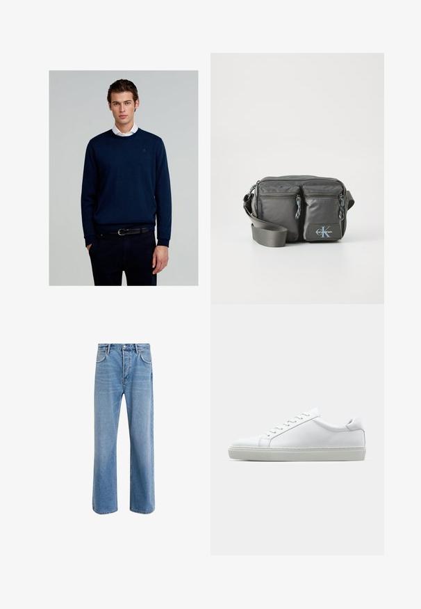 Pulover navy confecționat dintr-un material tricotat, cu un guler rotund, mâneci lungi și un logo discret pe piept, asortat cu pantaloni închiși la culoare și o curea.; Jeans din denim bleu deschis cu un design drept, cinci buzunare, închidere cu buton, decolorare minimă și detalii de cusătură în contrast.; Adidași albi cu o suprafață din piele netedă și un profil jos. Au un vârf rotunjit, șase orificii pentru șireturi și o talpă din cauciuc texturată.; Geantă din nylon gri, tip crossbody, cu două buzunare frontale cu fermoar, curea ajustabilă și accent logo. Textură netedă, cu un design modern.