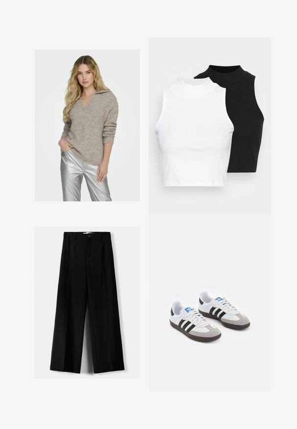 Pullovertrui in lichtbeige met een V-hals en opgerolde mouwen, gemaakt van een gestructureerd breimateriaal. Gecombineerd met glanzende zilveren broeken.; Twee mouwloze ribgebreide coltruien in zwart en wit, met een slim fit ontwerp en een gladde textuur, met een cropped lengte.; Zwarte wijde broek van lichtgewicht stof, met een knoopsluiting aan de voorkant en een vlakke achterkant, afgewerkt met keurig gestikte zoom.; Sportschoenen met een witte leren bovenkant, grijze suède neus en drie zwarte strepen. Bevat een blauw logo op de tong en een gestructureerde rubberen zool.