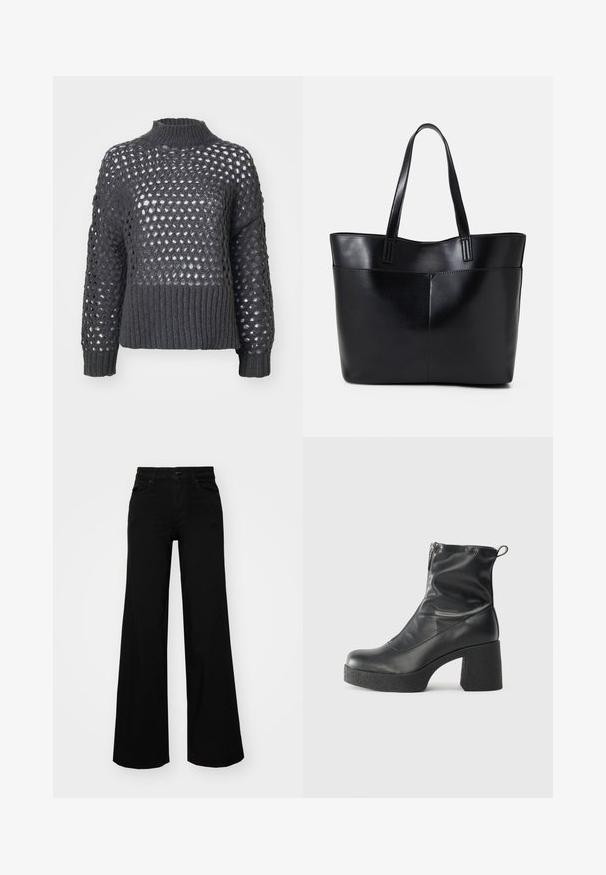 ONLY ONLBILLIE LIFE HIGNECK - Jumper - magnet; Black wide-leg pants made of denim, featuring a structured waistband, belt loops, and front pockets. Smooth texture with a classic design.; Black ankle boots made of smooth leather, featuring a side zipper, chunky textured heel, and rounded toe design.; Black leather tote bag with two long handles, a smooth texture, and a structured shape. Features a front pocket for additional storage.