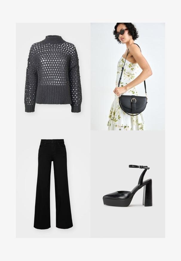 ONLY ONLBILLIE LIFE HIGNECK - Pullover - magnet; Pantalons large en denim noir, dotés d'une taille structurée, de passants de ceinture et de poches avant. Texture lisse avec un design classique.; Escarpins noirs à plateforme avec un bout pointu et une sangle réglable à la cheville. Conçus en cuir lisse, avec un large talon bloc.; Sac à main en cuir noir avec une forme courbée, bandoulière amovible et des accessoires en or. Le sac est doté d'un rabat avec un détail de boucle.