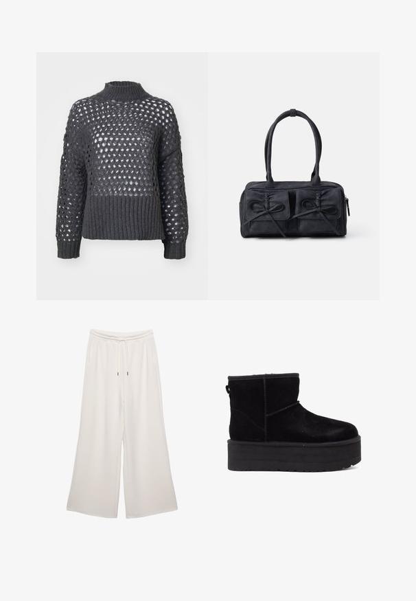 ONLY ONLBILLIE LIFE HIGNECK - Strickpullover - magnet; Cremfarbene, weit geschnittene Hosen aus weichem Stoff, mit elastischem Bund, Kordelzug und Seitentaschen. Glatte Textur.; Schwarze Wildleder-Stiefeletten mit einer dicken Plattformsohle und weichem Futter. Abgeschlossen mit Nähakzenten und einer hinteren Schlaufe für einfaches Anziehen.; Schwarze Stoffhandtasche mit zwei vorderen Taschen, die mit Schleifendetails versehen sind, doppelten Griffen und einem Reißverschluss. Weiche Textur und rechteckige Form.