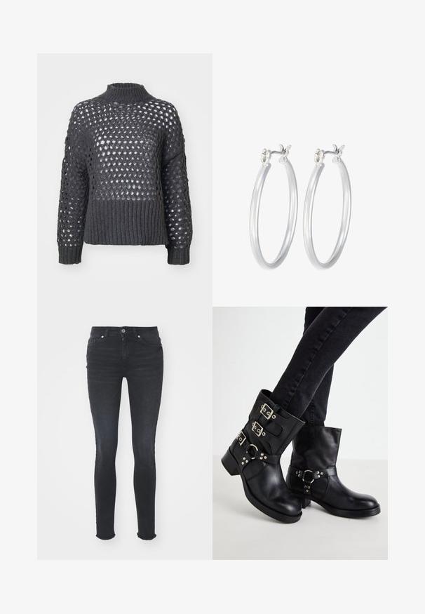 ONLY ONLBILLIE LIFE HIGNECK - Strickpullover - magnet; Schwarze Denim Skinny Jeans mit mittelhohem Bund, fünf Taschen und fransigem Saum. Der Stoff hat eine glatte Textur mit leichtem Stretch.; Schwarze Leder-Stiefeletten mit drei Schnallenakzenten, abgerundetem Zehenbereich und niedrigen Blockabsätzen. Das Design weist glatte und strukturierte Einsätze auf.; Silberne Creolen mit einer glatten, polierten Oberfläche. Runder Form und sicherem Klickverschluss. Leichtes Design, geeignet für den täglichen Gebrauch.