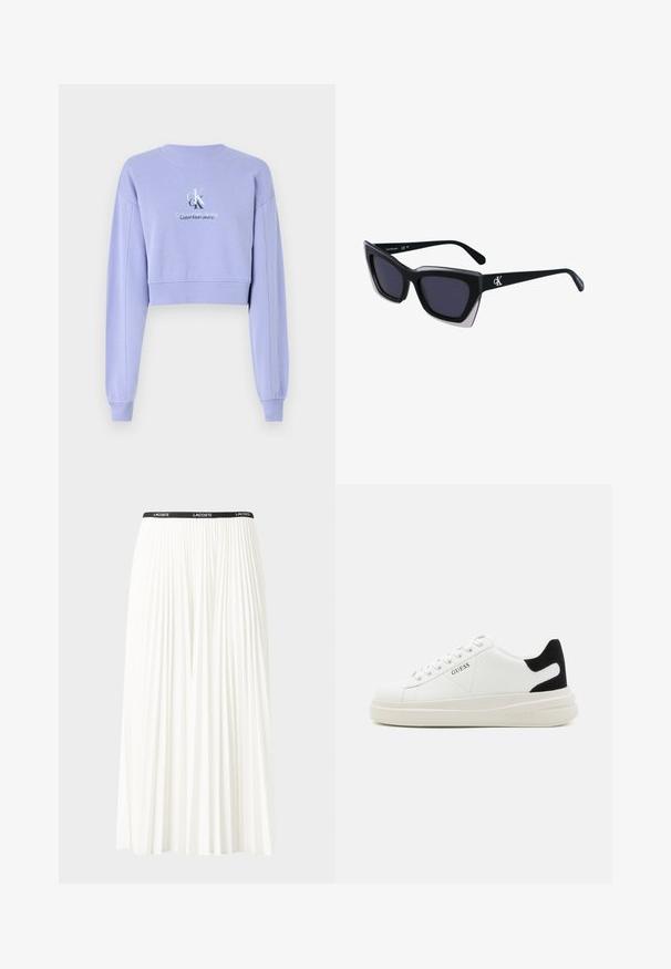 Ljubičasti skraćeni dukserica od mekanog materijala s dugim rukavima, rebrastim ovratnikom i izvezenim logotipom na prednjoj strani.; Nabrana bijela suknja s crnim elastičnim pojasom na kojem se nalazi logo "LACOSTE". Srednje dugačak dizajn s mekim teksturom.; Bijele kožne tenisice s debelim bijelim potplatom, crnim zamšastim akcentom na peti i ugraviranim logom sa strane. Dizajn s vezicama i šest rupa za vezivanje.; Crne oversize sunčane naočale geometrijskog oblika, s tamnim staklima i kontrastnom sivom dekoracijom na okviru. Logo na dršci.