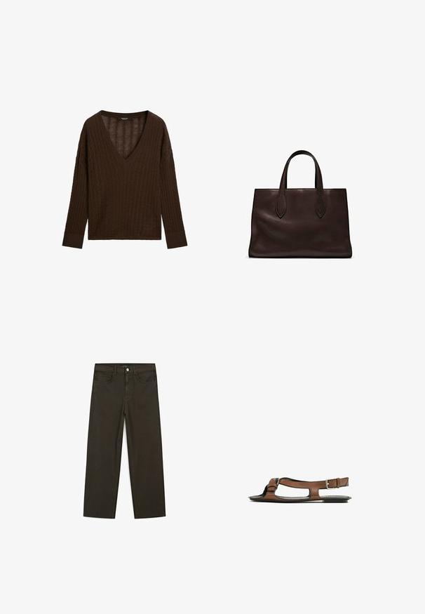 Maglione marrone lavorato a maglia con scollo a V, maniche lunghe e texture a trecce. Caratterizzato da un materiale morbido e accogliente e polsini a coste.; Jeans a gamba larga di colore verde scuro, realizzati in tessuto misto cotone, dotati di chiusura con bottone frontale, cinque tasche e cuciture classiche in denim.; Sandal in pelle marrone con punta aperta e ritagli laterali. Presenta una fascia alla caviglia con una fibbia metallica e una suola piatta.; Borsa a spalla in pelle marrone con due manici lunghi, forma rettangolare strutturata, texture liscia e dettagli di cucitura sottili.