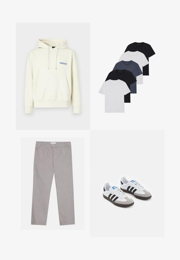 Crème-kleurige hoodie met een voorzak, een trekkoordcapuchon en een blauw logo op de borst. Zacht materiaal met een relaxed fit en geribde manchetten.; Set van vijf t-shirts in zwart, wit en marineblauw. Katoenen stof, korte mouwen, ronde halsontwerp en een effen textuur zonder patronen.; Lichtgrijze katoenen broek met een elastische tailleband, twee zijzakken, een recht poten ontwerp en een zachte textuur. Eenvoudige stiksel.details.; Sportschoenen met een witte leren bovenkant, grijze suède neus en drie zwarte strepen. Bevat een blauw logo op de tong en een gestructureerde rubberen zool.