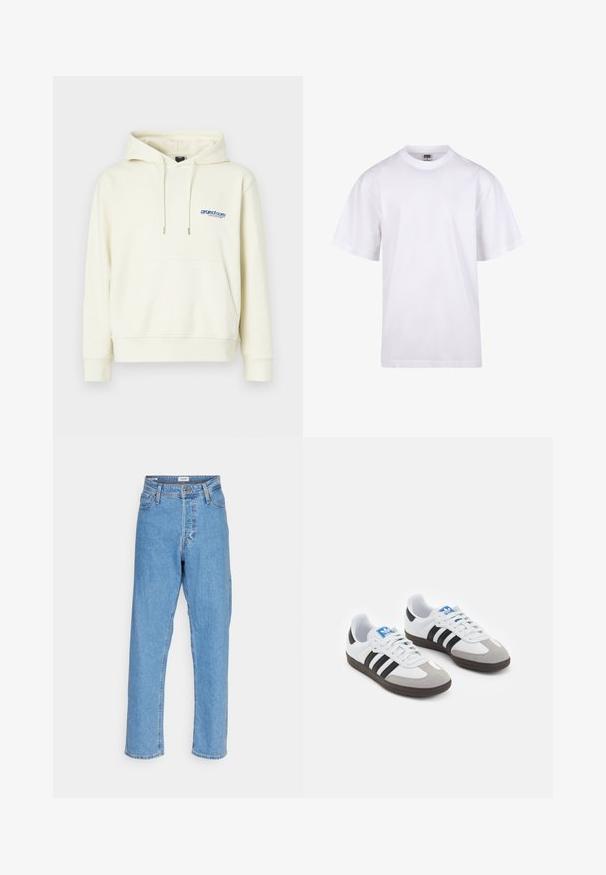Crème-kleurige hoodie met een voorzak, een trekkoordcapuchon en een blauw logo op de borst. Zacht materiaal met een relaxed fit en geribde manchetten.; Witte katoenen t-shirt met een ronde hals, korte mouwen en een relaxte pasvorm. Heeft een eenvoudig ontwerp zonder patronen of accenten.; Lichtblauwe high-waisted recht gesneden jeans met een voorste knoop, ritssluiting, riemlussen en een vijf-pocket ontwerp op een witte achtergrond.; Sportschoenen met een witte leren bovenkant, grijze suède neus en drie zwarte strepen. Bevat een blauw logo op de tong en een gestructureerde rubberen zool.