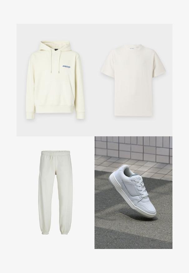 Kremasta dukserica s kapuljačom, prednjim džepom, i plavim logom na prsima. Mekana tkanina s opuštenim krojem i rebrastim manžetama.; Bijela kratka majica s kratkim rukavima u rebrastoj teksturi. Okrugli izrez, ležeran kroj, bez vidljivih uzoraka ili akcenta. Jednostavan i svestran dizajn.; Bijele trenirke napravljene od mekanog materijala, s elastikom u struku i na manžetama, glatke teksture i labavog kroja.; Bijele kožne tenisice s perforiranim bočnim dijelovima, teksturiranim akcentima, ravnim vezicama i kontrastnim sivim petom. Imaju blago povišenu potplat.