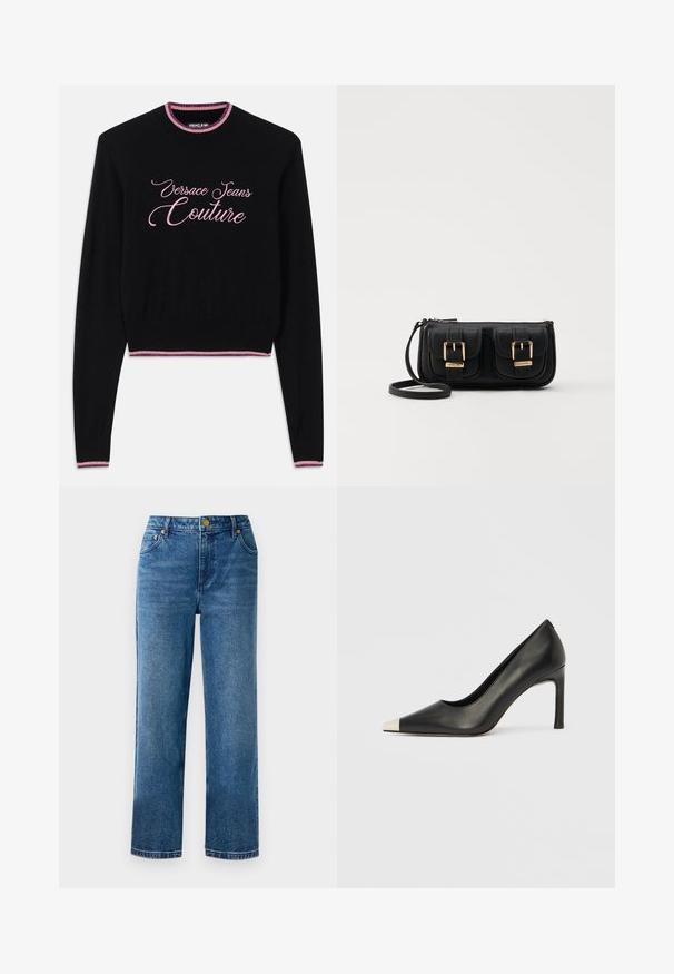 Črna jopica z napisom "Versace Jeans Couture" v rožnati kurzivni pisavi. Žeberni okrogli ovratnik in rob z rožnatimi in vijoličnimi črtami. Dolgi rokavi.; Modre visoke kavbojke s ravnim krojem, izdelane iz denima, s petimi žepi in z zlatimi dodatki.; Črni usnjeni čevelj z visokim petom, s koničastim prstom in kovinsko srebrno kapico. Ima gladko površino in vitko peto višine 10 cm.; Črna usnjena torbica čez ramo z dvema sprednjima žepoma, zlatimi zaponkami, zadrgo in ozkim pasom. Tekstura površine je strukturirana, obliko pa ima kompaktno pravokotno.