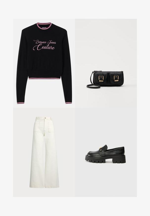 Melnā džemperis ar uzrakstu "Versace Jeans Couture" rozā kursīvā. Ribota apkakle un apakšmala ar rozā un violetiem svītru akcentiem. Garās piedurknes.; Platās kājas džinsi off-white denima. Augsta jostasvieta ar pogu aizdari, divas priekšējās kabatas un kontrastējošas šuvju detaļas.; Melni ādas mokasīni ar masīvu zoli, ar zeltaini akcentu priekšā un gludu apdari. Masīva protektora dizains uz zoles.; Melnas ādas crossbody soma ar divām priekšējām kabatām, zelta sprādzēm, ar rāvējslēdzēju aizdari un šauru siksnu. Strukturēta virsma un kompakta taisnstūra forma.