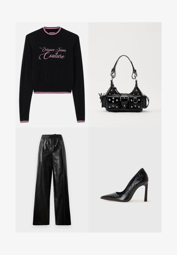 Fekete pulóver, amelyen pink írásos betűkkel szerepel a "Versace Jeans Couture" felirat. Bordás kerek nyak, alsó rész és pink-kék csíkos díszítések. Hosszú ujjak.; Fekete bőrből készült, bő szárú nadrág rugalmas derékkal, húzózsinórral és arany színű fém részletekkel. Simább textúrájú és laza fazonú.; Fekete hegyes orrú magassarkú cipő krokodilbőr textúrával, letisztult dizájnnal, magas tűsarkú és sima fekete belső résszel.; Fekete bőr kézitáska ívelt designnal, ezüst szegecsekkel, csattal és két oldalsó zsebbel. Állítható vállpánt a hordozási lehetőségekhez.