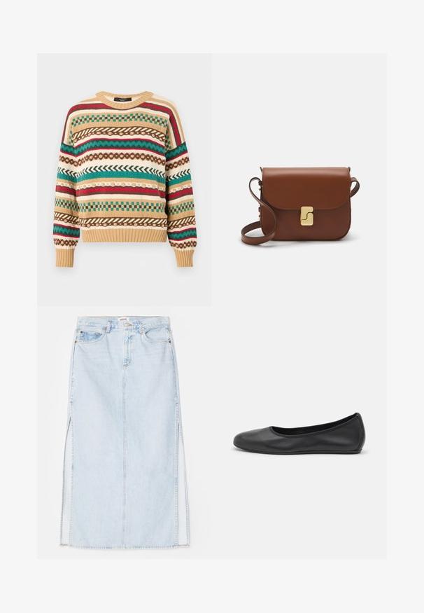 Sweater de malha com padrões multicoloridos em vermelho, verde e castanho sobre uma base bege. Gola redonda, punhos e bainha canelados. Corte casual.; Saias maxi de denim azul claro com corte reto, apresentando aberturas laterais e design de cinco bolsos. Costura proeminente e fecho com botão metálico.; Bailarina preta em pele com bico arredondado, textura suave, detalhe de costura minimalista e design de sola flexível.; Bolsa de couro castanho com fecho de aba, decoração em tom dourado, alça de ombro e textura suave. Formato retangular compacto.