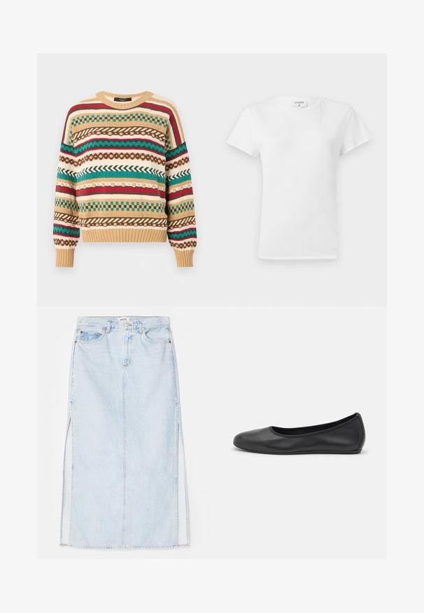 Pull en tricot avec des motifs multicolores rouge, vert et marron sur une base beige. Col rond, poignets et ourlet à côtes. Coupe décontractée.; T-shirt en coton blanc avec un col rond et des manches courtes, présentant une coupe décontractée et un design minimaliste. Étiquette visible au niveau du cou.; Jupe maxi en denim bleu clair avec une coupe droite, dotée de fentes sur les côtés et d'un design à cinq poches. Couture bien visible et fermeture à bouton métallique.; Ballerines en cuir noir avec un bout rond, texture lisse, détails de couture minimalistes et design de semelle flexible.