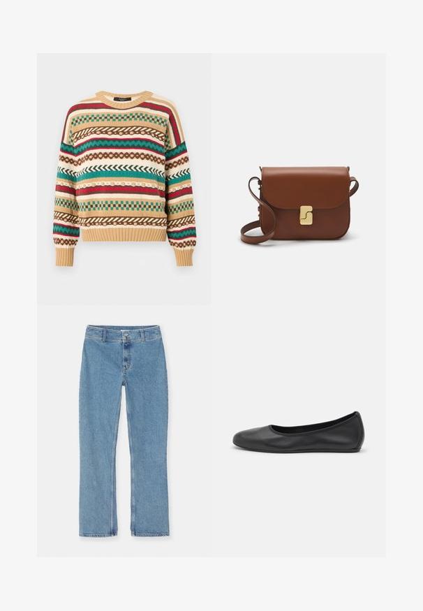 Strickpullover mit mehrfarbigen Mustern in Rot, Grün und Braun auf einem beigen Grund. Runder Ausschnitt, gerippte Ärmelbündchen und Saum. Lässige Passform.; Weißes kurzärmliges T-Shirt aus geripptem Stoff. Runder Halsausschnitt, normale Passform und dezente Nähte. Keine Muster oder Grafiken.; Helle blaue gerade geschnittene Jeans aus Denim mit Knopf- und Reißverschluss, Gürtelschlaufen und Standardnähten auf weißem Hintergrund.; Schwarze Leder-Ballettschuhe mit abgerundeter Spitze, glatter Textur, minimalen Nähdetails und einem flexiblen Sohlen-Design.; Braune Ledertasche mit Klappenverschluss, Beschlägen in Goldfarbe, einem Schultergurt und einer glatten Oberfläche. Kompakte rechteckige Form.