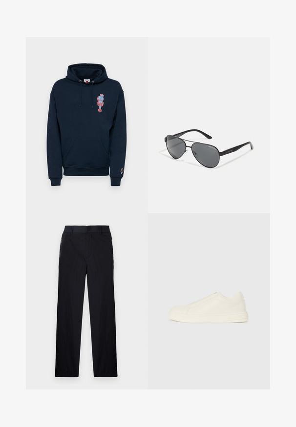 Felpa blu navy realizzata in misto cotone, con tasca a marsupio frontale e una grafica colorata di un gelato sul petto.; Pantaloni neri realizzati in un tessuto leggero e strutturato, con taglio dritto, vita elasticizzata e tasche laterali con zip.; Sneaker beige in pelle bassa con punta rotonda, cuciture minime e chiusura con zip laterale su uno sfondo bianco.; Occhiali da sole aviator neri con lenti scure, sottile montatura in metallo e bracci in plastica snodati con accenti del logo.