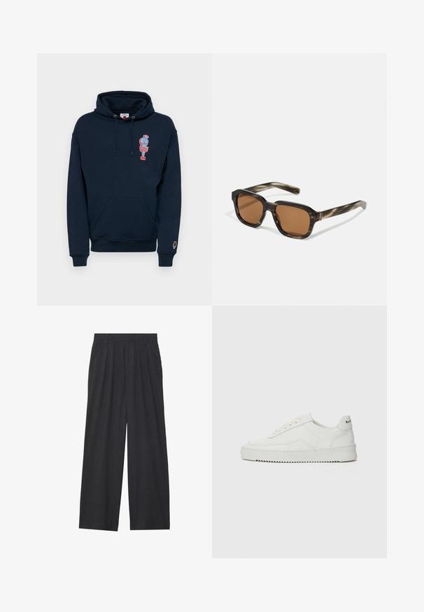 Tummansininen huppari, joka on valmistettu puuvillasekoitteesta, ja siinä on etupuolella kengurulaukku sekä värikäs jäätelökuvio rinnassa.; Suorat lahkeet valmistettu tummanharmaasta kankaasta. Ominaisuuksiin kuuluu laskokset vyötäröllä, muotoilu on siisti ja siluetti suora.; Valkoinen nahkakenkä, jossa on sileä pinta, pyöreä kärki, tasaiset nauhat ja teksturoitu pohja. Sisältää huomaamattoman logon kantapäässä.; Muoviset aurinkolasit, joissa on kilpikonnakuosiset kehykset, oktaalimuotoiset ruskeat linssit ja ohuet kultaiset yksityiskohdat kehystyksessä.