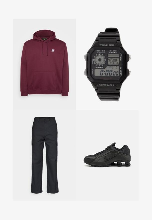 Sweatshirt à capuche bordeaux en tissu doux, avec une poche frontale et un petit logo blanc sur la poitrine. Manches longues et poignets côtelés.; Pantalons cargo noirs avec une coupe droite, dotés de poches latérales et d'un tissu texturé. Fermeture par bouton à la taille pour un maintien sécurisé.; Baskets de course noires avec une tige en synthétique lisse, des accents perforés, des panneaux latéraux texturés et une semelle distincte et rebondissante.; Montre numérique avec un bracelet en caoutchouc noir, boîtier rectangulaire et lentille. Affiche l'heure, une carte des fuseaux horaires mondiaux, ainsi que des boutons pour l'alarme et la lumière.