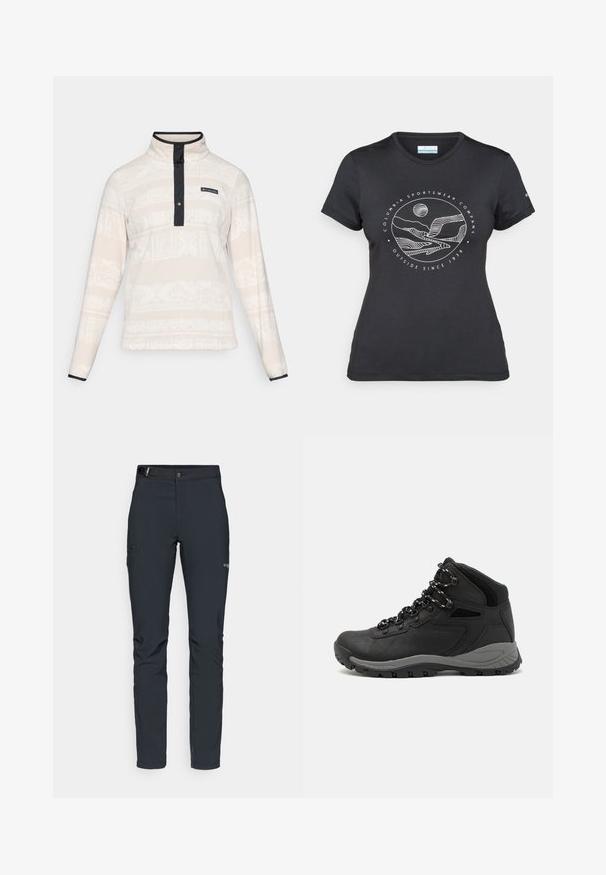 Fleeceový pulover v svetlej béžovej farbe s textúrovaným vzorom, s vysokým golierom, patentným zapínaním a námorníckymi modrými akcentmi.; Čierne tričko Columbia s bielou kruhovou grafikou hory a rieky a textom "Columbia Sportswear Company vonku od roku 1938."; Pánske outdoorové nohavice, tmavo šedé, vyrobené z flexibilného materiálu, s opaskom, so zipsovými vreckami a vystuženým šitím.; Čierna turistická obuv s polovičným strihom, s textúrovaným zvrškom, šedými akcentmi a odolnou gumovou podrážkou s protišmykovými hrebienkami.