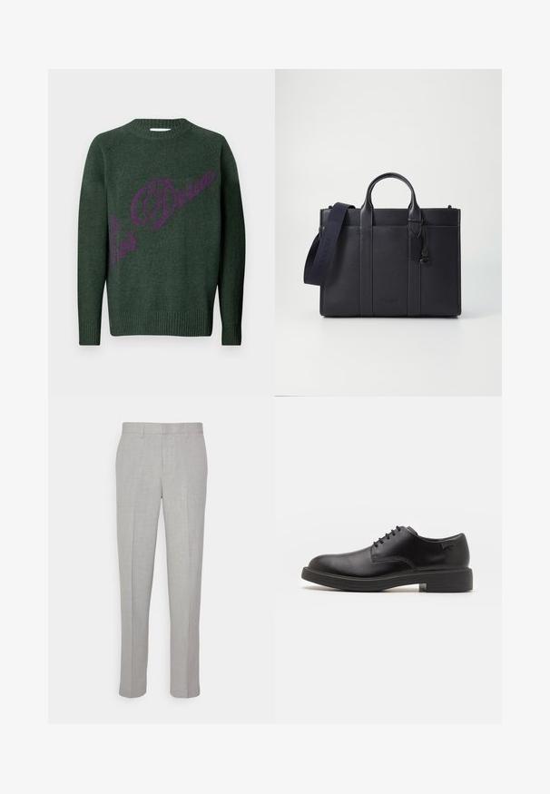 Groene gebreide trui met geribbelde zoom en boorden. Heeft een opvallend paars logo/tekstontwerp op de voorkant. Klassieke ronde halsstijl.; Lichtgrijze broek met een gladde textuur, platte voorkant en rechte pijpen. Gemaakt van ademend materiaal, met interne zakken en riemlussen.; Zwarte leren veterschoen met een ronde neus, een gladde textuur, minimale stiksels en een lage rubberen hak. Logo op de hak.; Donkerblauwe leren aktetas met dubbele bovenhandgrepen en een afneembare schouderband. Kenmerkt zich door een gestructureerde afwerking, verticale stiksels en een logo-detail.