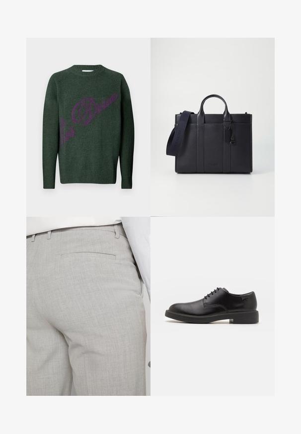 Grüner Strickpullover mit geripptem Saum und Bündchen. Mit einem auffälligen lila Logo/Textdesign auf der Vorderseite. Klassischer Rundhalsausschnitt.; Hellgraue, maßgeschneiderte Hose aus strukturiertem Stoff, mit einer einzelnen Gesäßtasche und sauberer Nahtführung.; Schwarzer Leder-Schnürschuh mit abgerundetem Zeh, glatter Textur, minimaler Naht und niedrigem Gummiabsatz. Logo auf der Ferse.; Dunkelblaues Lederaktentasche mit doppelten oberen Griffen und einem abnehmbaren Gurt. Merkmale sind die strukturierte Oberfläche, vertikale Nähte und das Logo-Detail.