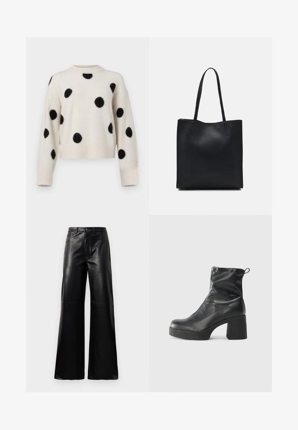 Pull crème avec des pois noirs en peluche, design court, col et poignets côtelés. Texture douce, coupe décontractée.; Pantalons larges en faux cuir noire taille haute avec bouton avant, fermeture éclair, passants de ceinture et poches latérales sur fond blanc.; Bottes noires à la cheville en cuir lisse, dotées d'une fermeture éclair sur le côté, d'un talon épais texturé et d'une conception à bout rond.; Sac fourre-tout en cuir noir avec une texture lisse, de forme rectangulaire et deux longues poignées. Pas de matériel ou d'ornementations visibles.
