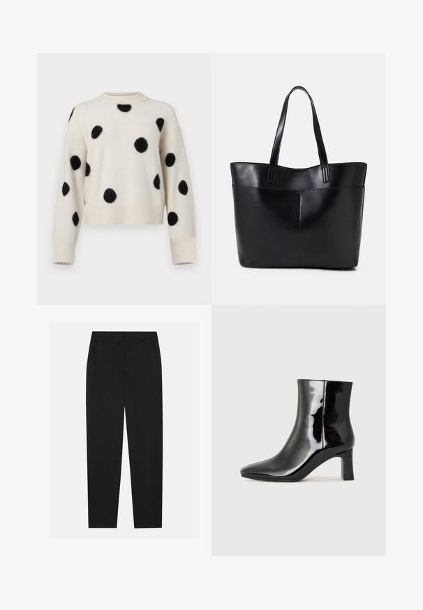 Pull crème avec des pois noirs en peluche, design court, col et poignets côtelés. Texture douce, coupe décontractée.; Pantalon noir au design ajusté, doté de poches latérales et d'une jambe droite. Fabriqué en tissu lisse et léger avec une finition élégante.; Bottines en cuir verni noir avec un bout pointu et un talon block de hauteur moyenne. Texture lisse et design minimaliste.; Sac fourre-tout en cuir noir avec deux longues poignées, une texture lisse et une forme structurée. Dispose d'une poche avant pour un rangement supplémentaire.