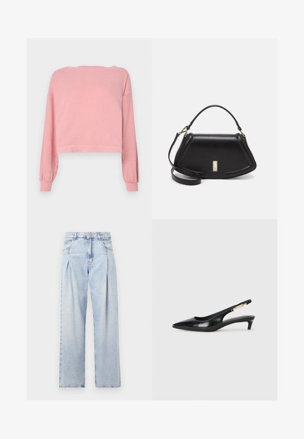 Ljust rosa kortärmad långärmad tröja med vid urringning, ribbade ärmslut och mjukt bomullsmaterial. Slät textur med minimala design detaljer.; Ljust blå denimjeans med hög midja, vida ben, två sidofickor och veckad design. Mjuk textur med en blekt finish.; Svart läder slingback-hälar med spetsig tå, med en smal klack och en guldtonad detalj på den justerbara remmen. Slät textur.; Svart läderhandväska med en strukturerad design, som har en avskuren form, ett handtag upptill och guldiga detaljer. Justerbar axelrem ingår.
