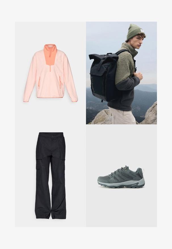 Pullover in pile rosa chiaro con collare a mezza zip, pannello anteriore corallo a contrasto e due tasche laterali con zip. Texture morbida, vestibilità rilassata.; Columbia BREA FALLS™ COTTON RIPSTOP PANT - Pantaloni outdoor - black; Scarpe da trekking di colore grigio scuro con tomaia in rete e suède, design con lacci, suola imbottita e suola robusta con motivo antiscivolo.; Zaino nero con apertura a roll-top e spallacci regolabili, giacca in pile grigia e berretto verde oliva; all'aperto con terreno roccioso e montagne sullo sfondo.