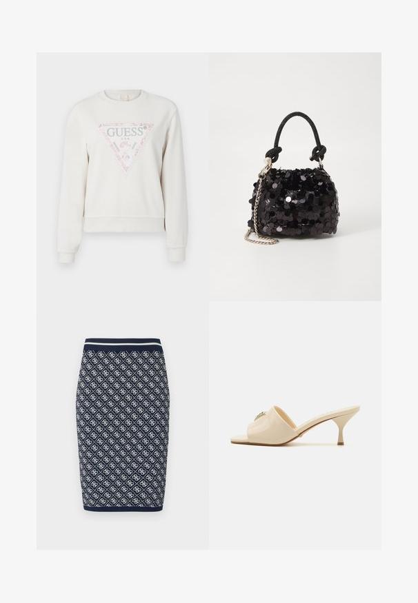 Sweatshirt crème clair avec un graphisme triangulaire orné d'une bordure pailletée rose et de texte argenté. Manches et ourlet côtelés. Design décontracté.; Jupon en tricot bleu marine et blanc avec un motif géométrique en losanges. Il dispose d'une taille élastique rayée et d'une texture lisse.; Mule en cuir verni beige à bout ouvert avec un talon stiletto bas. Présente un accent décoratif central sur le dessus. Fini lisse et brillant.; Mini sac à main en sequins noirs avec une bandoulière texturée nouée et une chaîne argentée. Forme arrondie avec un haut froncé et des détails réfléchissants.