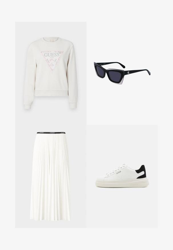 Light cream sweatshirt featuring a triangular graphic with a pink glittery border and silver text. Ribbed cuffs and hem. Casual design.; Pleated white skirt with a black elastic waistband featuring the "LACOSTE" logo. Mid-length design with soft texture.; White leather sneakers with a thick white sole, black suede heel accent, and embossed logo on the side. Laced design with six eyelets.; Black oversized sunglasses with a geometric shape, featuring dark lenses and a contrasting grey detail on the frame. Logo on the arm.