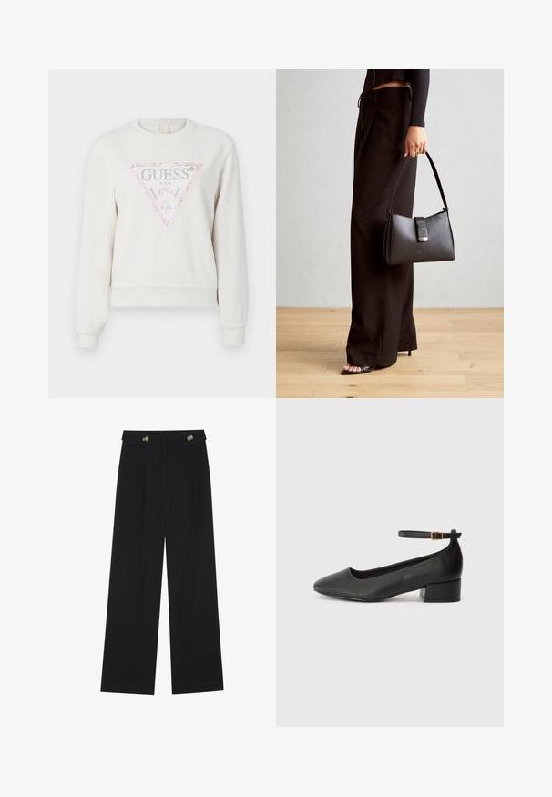 Sweatshirt crème clair avec un graphisme triangulaire orné d'une bordure pailletée rose et de texte argenté. Manches et ourlet côtelés. Design décontracté.; Pantalons larges noirs à taille haute, avec des détails de boutons à la taille et des plis sur le devant.; Escarpin en cuir noir avec un bout pointu et un petit talon bloc. Doté d'une bride de cheville avec une boucle dorée. Texture lisse.; Sac à main noir à la forme structurée, texture lisse et fermoir métallique. Associé à un pantalon noir ample et des sandales ouvertes sur un sol en bois.