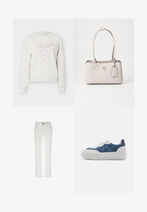 Sweatshirt crème clair avec un graphisme triangulaire orné d'une bordure pailletée rose et de texte argenté. Manches et ourlet côtelés. Design décontracté.; Jean blanc à coupe slim, design 5 poches et coutures contrastées. Présente une fermeture à bouton et une étiquette de marque discrète à la taille.; Baskets en denim avec semelle en caoutchouc blanche, tige bleue texturée présentant des motifs de logo, et lacets blancs. Accents bleus sur le talon et la languette.; Sac à main en simili cuir beige avec une texture lisse, deux poignées de portée, des accessoires en or, une plaque logo et une étiquette attachée.