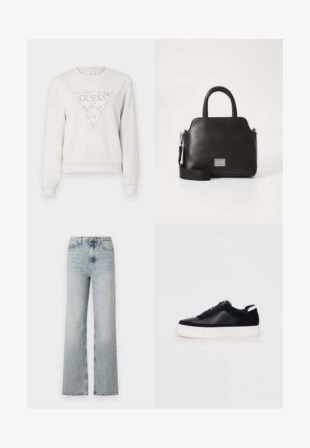 Felpa di colore crema chiaro con una grafica triangolare decorata con un bordo glitterato rosa e testo argentato. Maniche e fondo a costine. Design casual.; Jeans in denim leggero azzurro a vita alta con silhouette a gamba larga, dotati di cinque tasche e leggera scoloritura lungo il tessuto.; Sneaker nera con pannelli in pelle liscia e suede, lacci piatti, punta arrotondata e suola in gomma bianca. Logo distintivo sul tallone.; Borsa a mano sintetica nera con manici superiori, tracolla removibile, forma arrotondata, texture liscia e accento con logo argentato sul davanti.