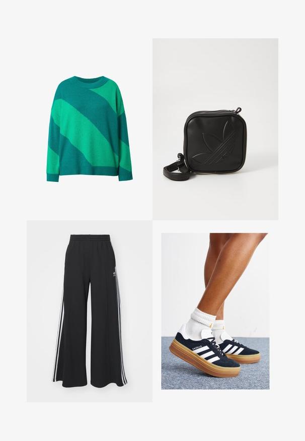 Vihreä neulepusero, jossa on vinokiemurakuosi vaihtelevissa vihreän sävyissä, pyöreä kaulus sekä ribattu resori hihoissa ja helmassa.; Mustat löysät verkkarit, joissa on joustava vyötärö, valkoiset sivuraidat ja brodeerattu logo vasemmassa reidessä.; Musta mokkanahkainen tennari, jossa valkoiset raidat ja yksityiskohdat, pyöreä kärki, purukumipohja, yhdistetty valkoisiin ribbineuleisiin nilkkasukkiin.; Mustikka neliö muotoinen olkalaukku, joka on valmistettu teksturoidusta synteettisestä materiaalista. Varustettu kohotetulla logolla ja säädettävällä hihnalla. Vetoketjukiinnitys.