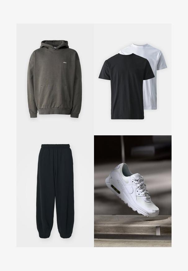 Obey Clothing UNISEX antracytowy; Dwie bawełniane koszulki pokazane plecami do siebie: jedna czarna, a druga biała. Obie mają krótkie rękawy i okrągłe dekolty, o gładkiej fakturze.; Czarne dresy z elastycznym pasem, luźny krój, ściśnięte nogawki, gładka tekstura, bez widocznych wzorów lub ozdób.; Białe sneakersy Nike Air Max 90 z siateczkowym i skórzanym wierzchem, perforowanym czubkiem oraz widoczną jednostką Air w pięcie.