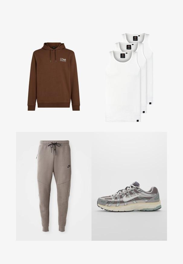 Bruine sweatshirt met een capuchon, voorzien van een wit logo op de bovenste linkerkant. Gemaakt van zachte stof met geribde boorden en onderrand.; Drie witte geribde tanktops van katoen. Kenmerken zijn een ronde hals en kleine zwarte labels nabij de zoom. Verkrijgbaar in meerdere maten.; Grijze Nike-sweatpants met een verstelbare tailleband, taps toelopende benen, zijzakken en opvallende naaddetails. Zachte, gestructureerde stof.; Grijze sportieve schoen met een bovenwerk van mesh en suede, witte accenten, een gevoerde zool en een onderscheidend ontwerp met reflecterende elementen.