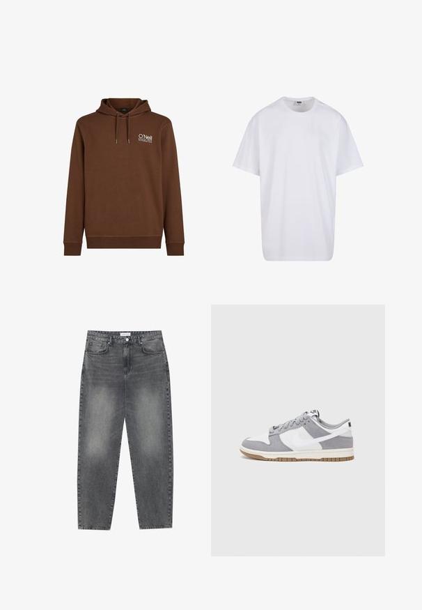 Brauner Kapuzenpullover mit einem weißen Logo auf der oberen linken Seite. Hergestellt aus weichem Stoff mit gerippten Bündchen und Saum.; Weiße Baumwoll-T-Shirt mit kurzen Ärmeln, rundem Ausschnitt, lockerer Passform und ohne sichtbare Logos oder Muster. Glatte Textur und minimalistisches Design.; Hoch taillierte, locker sitzende Jeans aus verwaschenem schwarzem Denim. Verfügt über fünf Taschen, Gürtelschlaufen und ein sauberes, gerades Bein-Design.; Graue und weiße Sneaker mit einem Obermaterial aus Wildleder und Leder, abgerundeter Spitze, flachen Schnürsenkeln und einer Gummisohle mit einem Kautschukakzent.