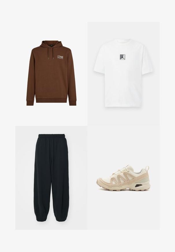 Bruine sweatshirt met een capuchon, voorzien van een wit logo op de bovenste linkerkant. Gemaakt van zachte stof met geribde boorden en onderrand.; Witte katoen t-shirt met een centraal zwart en grijs logo grafiek. Klassieke ronde halslijn en korte mouwen met een losse pasvorm.; Zwarte, elastiche sweatpants met een losse pasvorm, manchetten aan de enkels, een zachte textuur en zonder zichtbare patronen of hardwareaccenten.; Beige en crème sportschoen met een textuur-mesh bovenwerk, ondersteunende overlays en een rubberen zool met een profielpatroon voor grip.