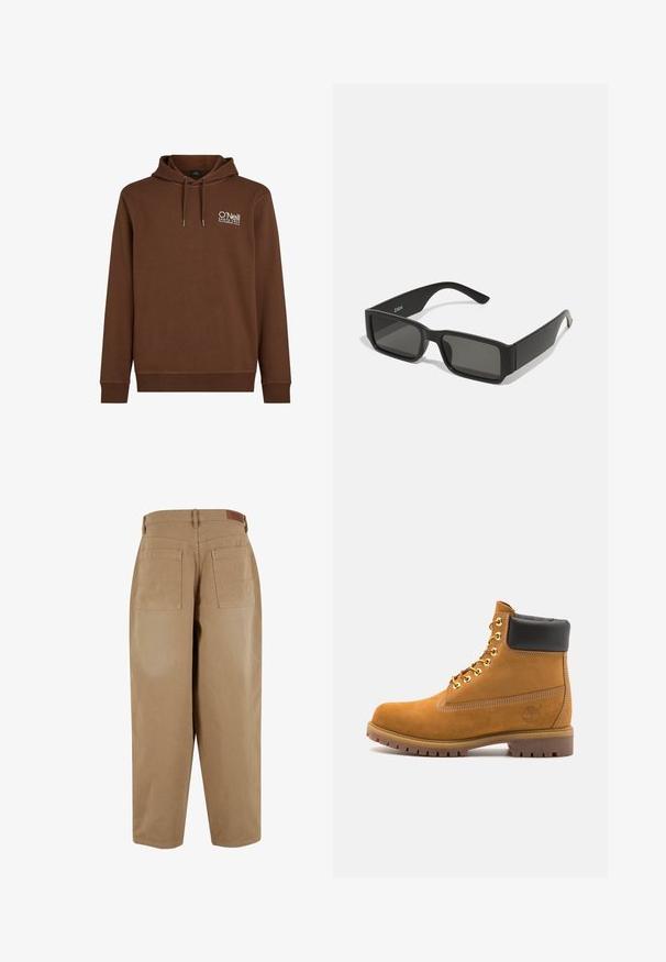 Bruine sweatshirt met een capuchon, voorzien van een wit logo op de bovenste linkerkant. Gemaakt van zachte stof met geribde boorden en onderrand.; Beige katoenen broek met een losse pasvorm, voorzien van twee achterzakken en een taillebandlabel. De stof heeft een gladde textuur en minimale details.; Tan suède enkelboot met zwart gevoerd kraagje, gouden metalen oogjes, witte stikdetails en een robuuste rubberen zool met uitgesproken profiel.; Zwarte zonnebril met rechthoekige lenzen, matte plastic montuur en rechte randen. Bevat het merkteken op de binnenarm.