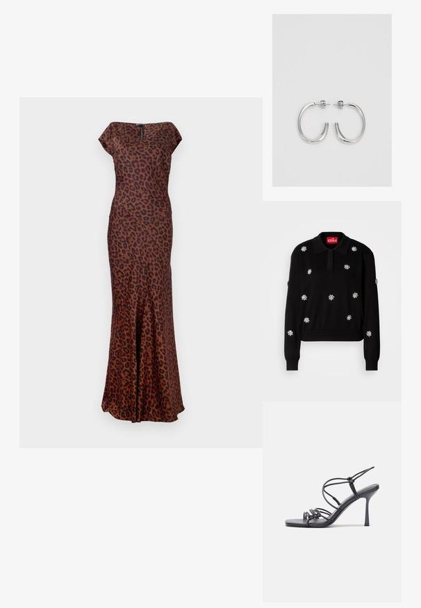 Zwarte pullovertrui met een kraagnek, versierd met zilveren bloemapplicaties, met ribgebreide cuffs en onderkant.; Leopardprint jurk van soepele stof, met een figuurvormige pasvorm, bateauhals en een uitlopende zoom. Kleuren zijn bruin en zwart.; Zwarte hoge hakken sandaaltjes hebben dunne banden met een geknoopt ontwerp, een gladde vierkante neus en een elegante stiletto-hak.; Lichtgrijze metallic handtas met een kettingriem, versierd met kleine ronde metallic studs en een driehoekig merkimago.; Zilveren oorringen met een gladde, glanzende afwerking. Ronde vorm, lichtgewicht ontwerp, voorzien van een post-back sluiting.