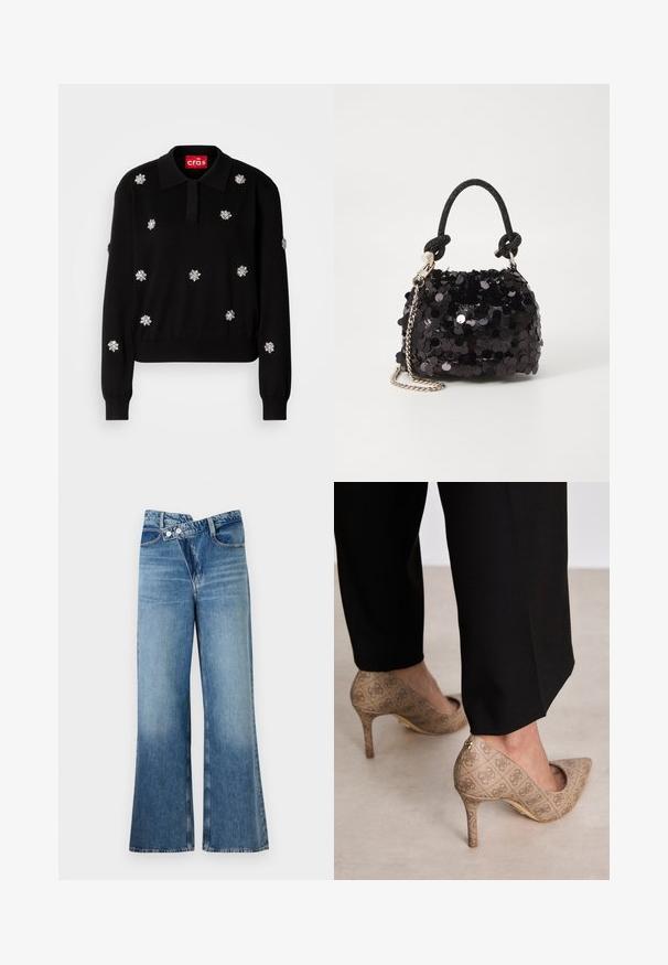 Melns džemperis ar apkakles izgriezumu, rotāts ar sudraba ziedu aplikācijām, ar ribotiem piedurknēm un apakšmalu.; Gai zils džinsu auduma bikses ar platām kājām un augstu vidukli, kurām ir divi pogas un priekšējās kabatas. Audumam ir izbalējusi tekstūra ar smalkām variācijām.; Bežīgas augstpapēžu kurpes ar teksturētu audumu, kas rotāts ar atkārtotu rakstu. Norādītā pirksta dizains ar aizmugurējo akcentu un zelta papēža detaļām.; Melna spīguļota mini rokas soma ar mezglotu teksturētu siksniņu un sudraba ķēdi. Apaļa forma ar sakopotām malām un atstarojumu detaļām.